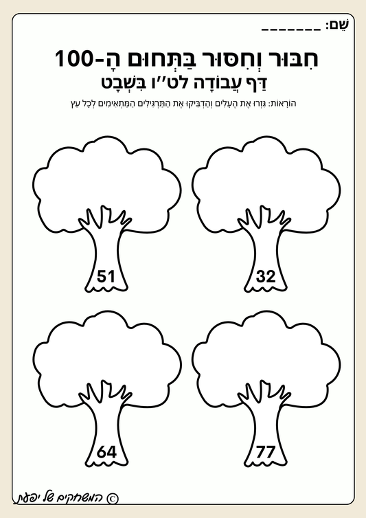 דף עבודה לט''ו בשבט- חיבור וחיסור בתחום ה-100.