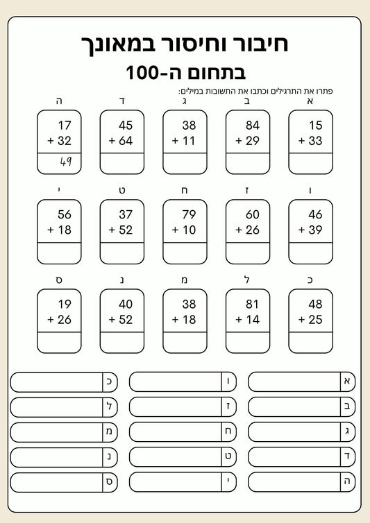חיבור וחיסור במאונך בתחום ה-100 כולל המרה ופריטה וכתיבת התשובות במילים